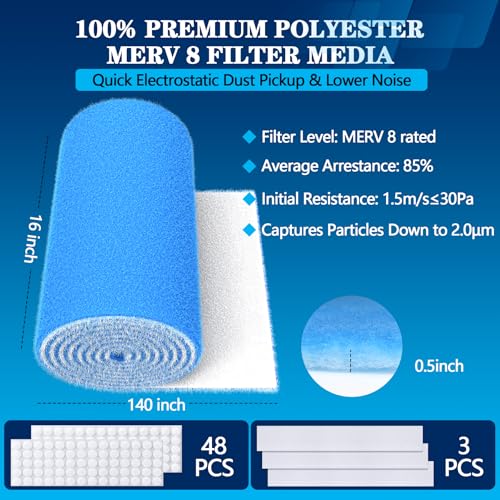 Image of Air Vent Filters, MERV 8 Cut to Fit, 16 inch x 140 inch | Makes Up to 100 Filter Pieces, Electrostatic Filter Material, For Floor, Ceiling and Furnace Vents, 48 Adhesive Hook Tapes