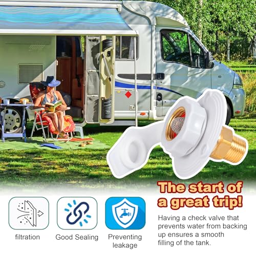 Image of RV Water Inlet Connection City Water Fill Inlet Flange Brass with Check Valve,3 /4 NH Female to 1 /2 NPT Male RV City Water Inlet,Lead-free Brass RV Fresh Water Inlet with Dust Plug for RV Camper(White)