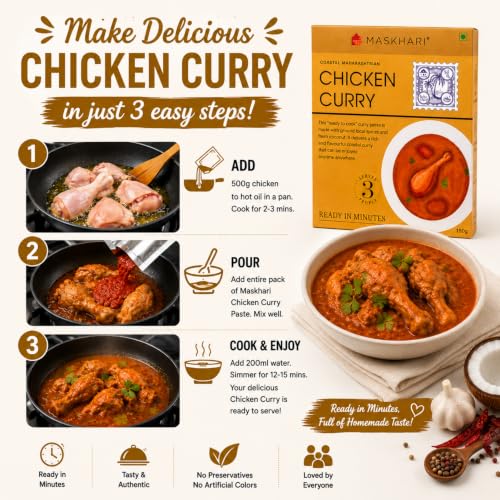 Image of Maskhari Chicken Curry Ready to Cook Curry Paste 150g Pack of 3 | Authentic Maharashtrian Coastal Curry | Made with Fresh Coconut & Premium Spices | No Artificial Colours or Preservatives | Ready in Minutes