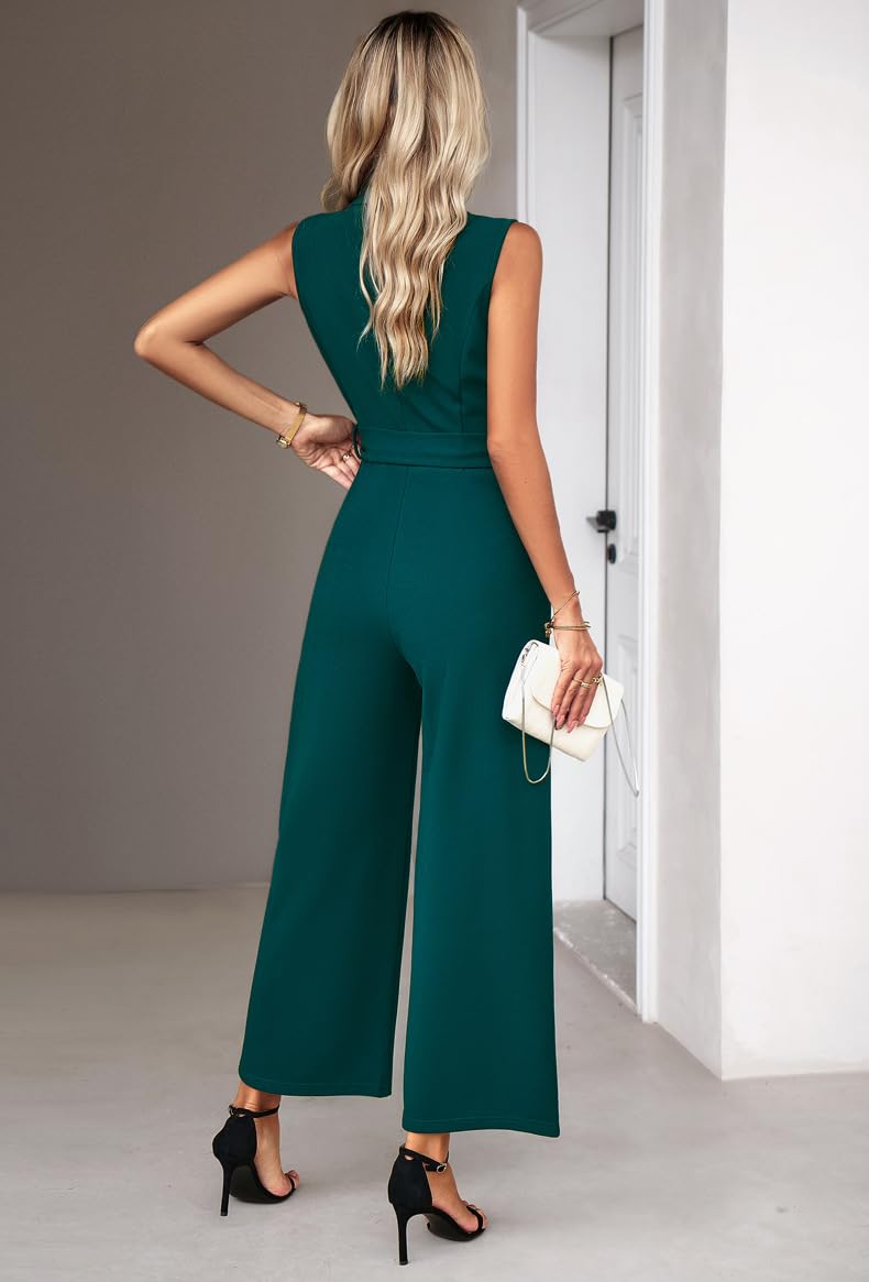 Combishort Femme,Combinaison Ample Sans Manches pour Femme, Tenue Formelle, Noire, Couleur Unie, Tunique À Revers, Ceinture, Pantalon À Jambe Droite, Combinaison Avec Poche, Été, Déco