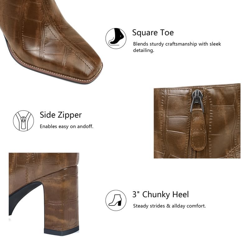 Womens Chunky Heel Ankle Boots for Women Retro Square Toe Side Zipper Booties Comfortable Short Winter Boot