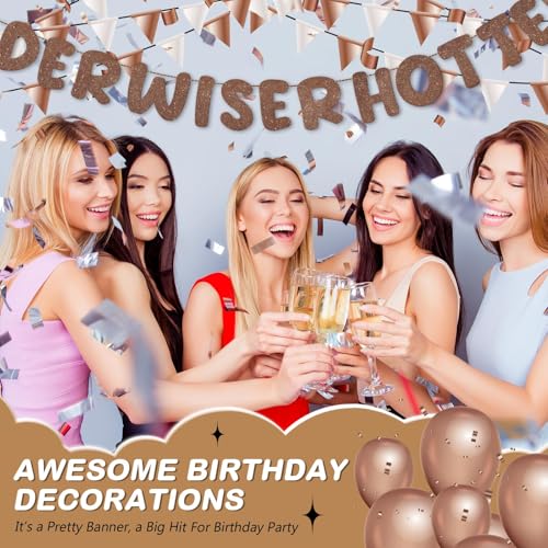 Image of Fulmoon Set of 3 Pre Strung Older Wiser Hotter Glitter Banner Funny Birthday Banner for Women 30th 40th 50th 60th 70th 80th Birthday Party Decorations Sign Gift (Brown)