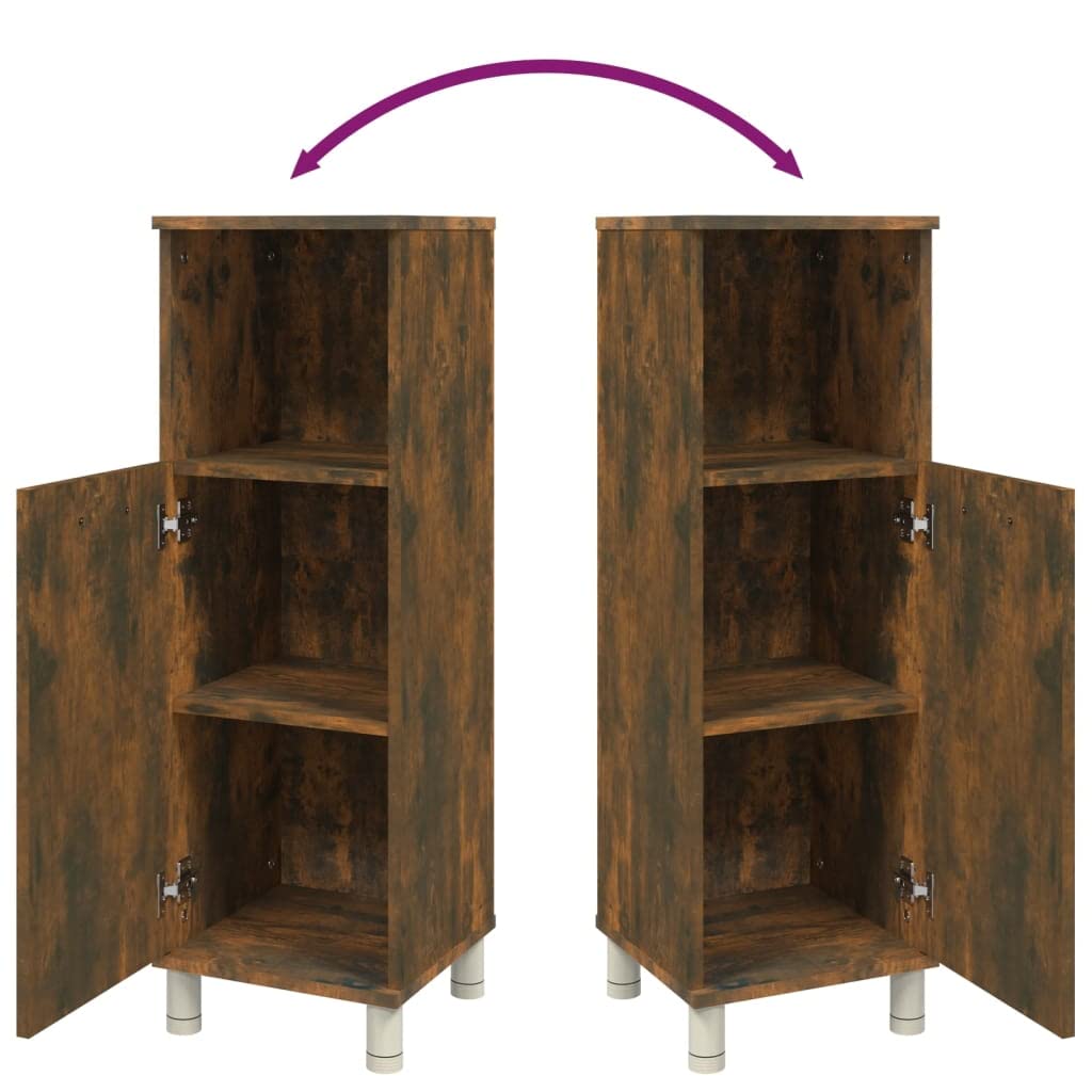 Armario de baño de roble ahumado de madera de 30 x 30 x 95 cm con 3 compartimentos y puerta, independiente, soporte alto, soporte de pared para baño, lavadero e inodoro de invitados
