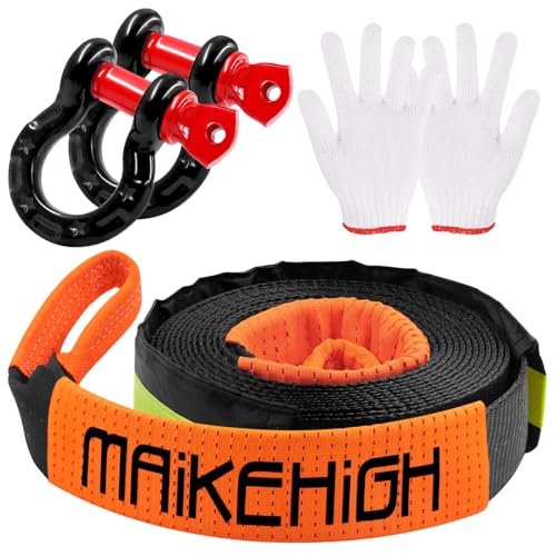 MAIKEHIGH Abschleppseil 5M x 5cm, 10 Tonnen (22,000 Lbs) Tow Rope Abschleppseile für Off-Road Recovery SUV mit 2 Verstärkten Haken, 2 Handschuhen (Schwarz-Orange)