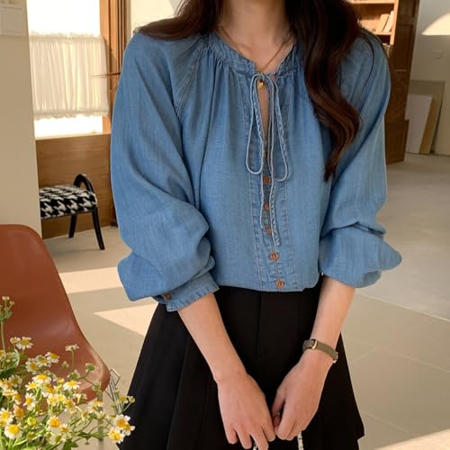 Women's Denim Pullover Puff Long Sleeve Tie Front Loose Cute Going Out Jean Shirts3