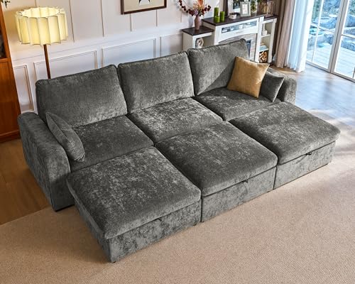 Image of 124.8'' Oversized Modular Sofa Comfy Cloud Couch with Storage, Deep Convertible Sectional Sleeper Sofa Bed for Living Room, Covers Washable, 6-Seater with 3 Ottomans, Chenille, Grey
