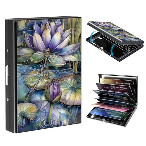FXIANGWL Slim Metal Wallet with Exquisite Artistic Pattern, RFID Blocking Stainless Steel Credit Card Holder for Women & Men, Compact Business Card Organizer for Travel, Lotus Dragonfly