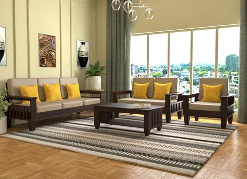 Image of Sheesham Wooden 6 Seater Sofa for Living Room | Rosewood 6 Seater Cushion Sofa with Side Newspaper Holder for Home & Office | Solid Wood Sofa Set for Lounge (-Walnut,3+2+1 Seater)