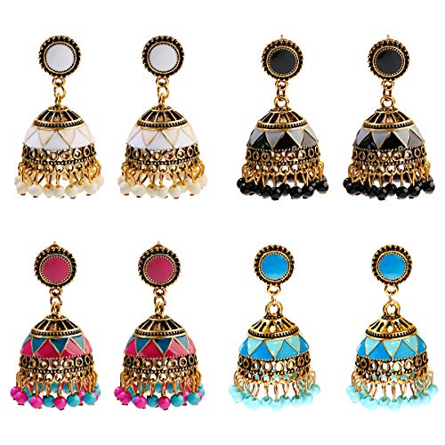 DOUVEI Gypsy Indian Bell Dangle Enameled Jhumka Earrings Set - Retro 4pair/set Round Bell Tassel Hollow Bollywood Oxidized Earrings Meenakari Jhumka for Women (HXEN-10)