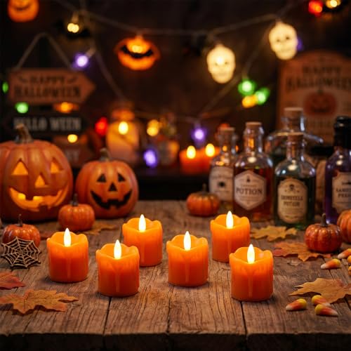 Image of Orange Flameless Votive Candles Battery Operated with Remote Timer | 400 Hours Long Lasting Battery Included, LED Tealights Flickering Dripping Wax, Halloween Indoor Decor, 2 inchD x 2.5 inchH, 6 Pack
