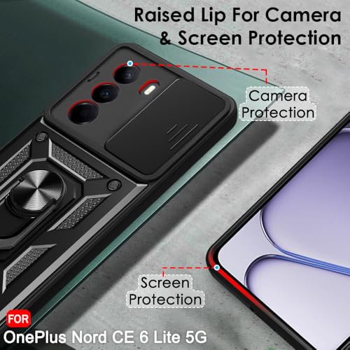 Image of TheGiftKart Tough Armor Bumper Back Cover Case for OnePlus Nord CE 6 Lite 5G | Sliding Camera Cover, KickStand & Ring Holder | 360 Protection Back Cover for OnePlus Nord CE6 Lite 5G (PC & TPU, Black)