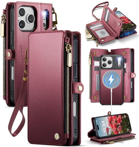 Defencase for iPhone 17 Pro Magnetic Wallet Case Compatible with Magsafe with RFID Blocking Zipper & Card Holder for Women Men PU Leather Strap Detachable Case for iPhone 17 Pro (6.3 inch), Wine Red