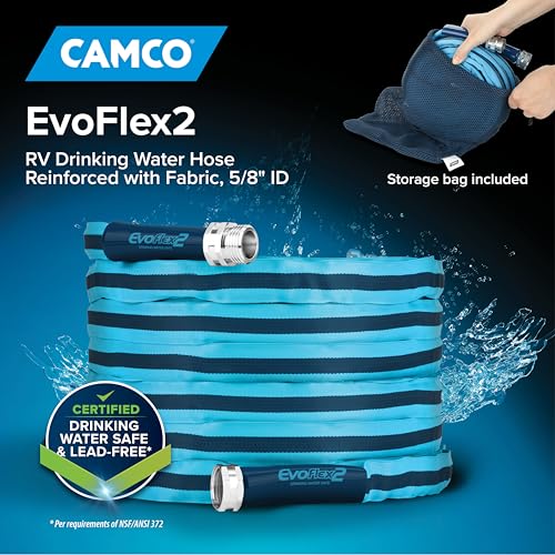Camco EvoFlex2 25-ft Drinking Water Hose - RV Drinking Water Hose Reinforced with Fabric & Ultra Lightweight - Contains No Lead, No BPA & No Phthalate - Abrasion Resistant (22577)