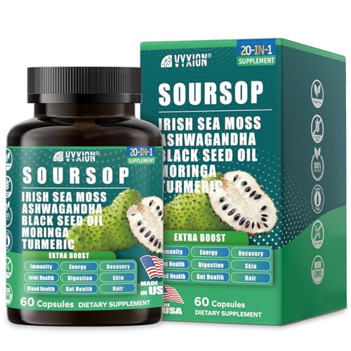 Soursop Graviola Supplement with Sea Moss Moringa Turmeric Black Seed Oil Oregano Ashwagandha | 20-in-One Herbal extracts for Overall Health-Enhancing | Vegan Non-GMO | 60 Capsules