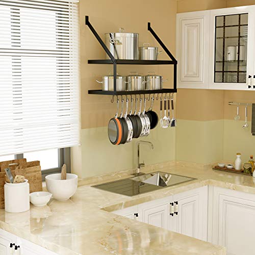Miyili Wall Mounted Pot Rack With 2-Tier 15 Hooks, Kitchen Shelves Cookware Hanging Storage Organizer, 29.5 By13.7-Inch (Black), Kr300B2 #TOP3