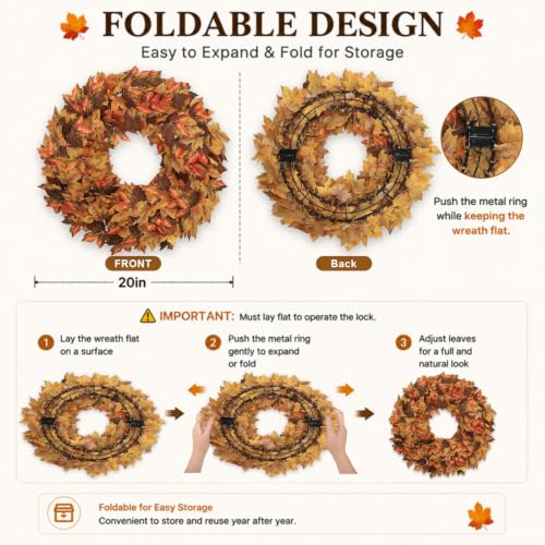 20" Fall Wreath for Front Door, Artificial Maple Leaves Autumn Wreath - image 2