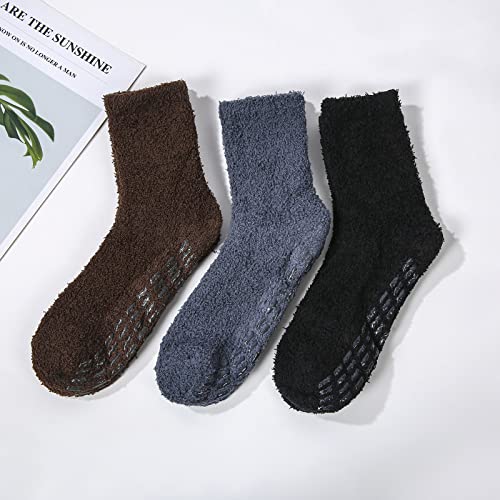 Image of Fuzzy Socks for Women with Grips No Slip Hospital Socks Warm Fluffy Socks Winter Slipper Socks Soft Cozy Socks Grippy Plush Socks Christmas Gifts Presents 3 Pairs Black DarkGray Coffee