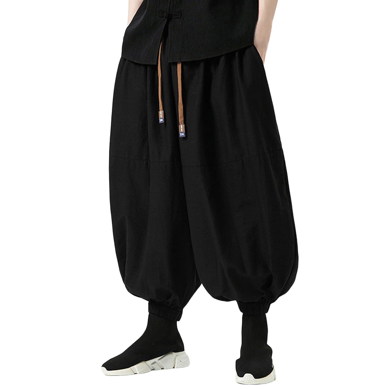 Pantaloni harem da uomo in lino, leggeri, estivi, larghi, con coulisse, pantaloni da jogging Hip Hop Harajuku Streetwear da spiaggia, yoga, tempo libero Y2K Hippie