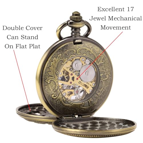 SIBOSUN Pocket Watch Skeleton Mechanical Double Case Hand-Wind Roman Numerals Antique Chain Mens, 10. Bronze & Wooden Box, Vintage