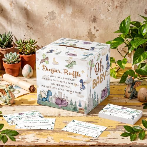 Image of Teling 51 Pcs Diaper Raffle Tickets Box with Card, Dragon Baby Shower Decor