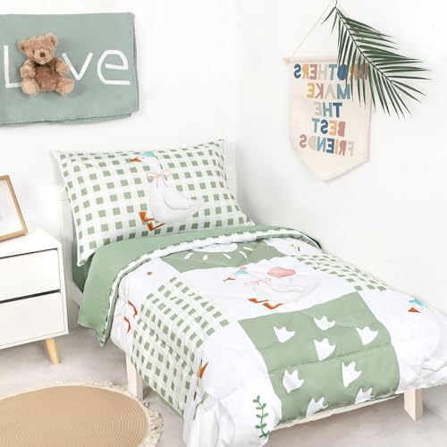 Image of Toddler Bedding Set for Boys Girls 4 Pieces Green Goose, Soft Breathable Toddler Comforter Set, Checkerboard Print, Includes Reversible Comforter, Fitted Sheet and Flat Sheet, Pillowcase