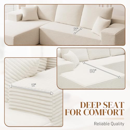 Image of 108 inch L Shaped Boneless Sectional Couches for Living Room, Comfy Corduroy Floor Cloud Sofa with Chaise, Wide Armrest, Deep Seat, Memory Foam, Assembly Free, Ideal for Small Spaces, White