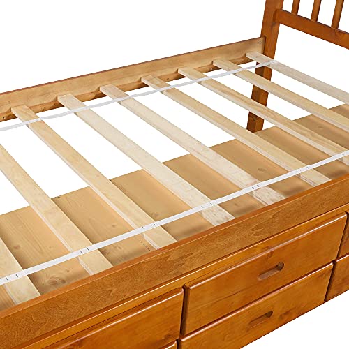 Julyfox Storage Bed Frame Twin With 6 Drawers, Oak Pine Wood Bed Platform With Headboard Footboard Wood Slats No Box Spring Need Heavy Duty Captain’s Bed For Kids Teens Single Adult Small Spaces #TOP5