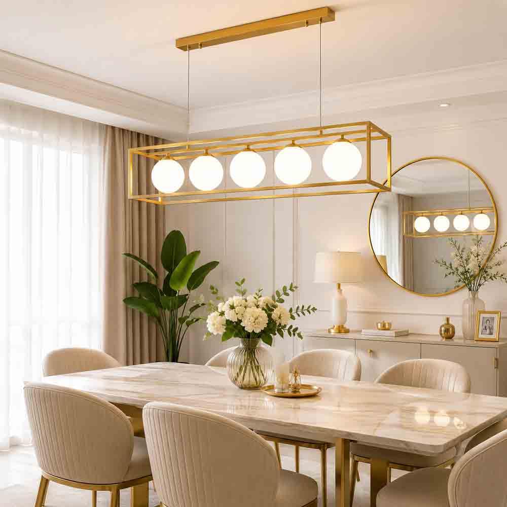 Lampadario a Sospensione Oro con 5 Sfere in polietilene Opalino