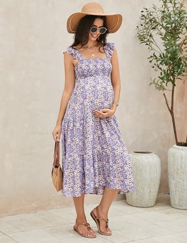 Image of KOJOOIN Womens Maternity Dress Summer Sleeveless Smocked Square Neck Ruffle Casual Boho Midi Dress Baby Shower Photoshoot