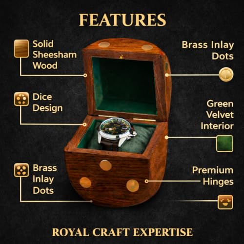 Image of Royal Craft Expertise Handcrafted Solid Wood Dice-Shaped Watch Box - Luxury Single Watch Case with Velvet Interior, Brass Dot Inlay, Premium Timepiece Display & Travel Storage Gift for Men