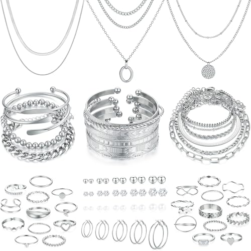 Image of FAXHION 68 Pcs Gold Jewelry Set for Women with 7 Necklace, 17 Bracelet, 5 Hoop Earrings, 15 Stud Earrings, 24 Knuckle Rings for Women Jewelry Set for Women Gift