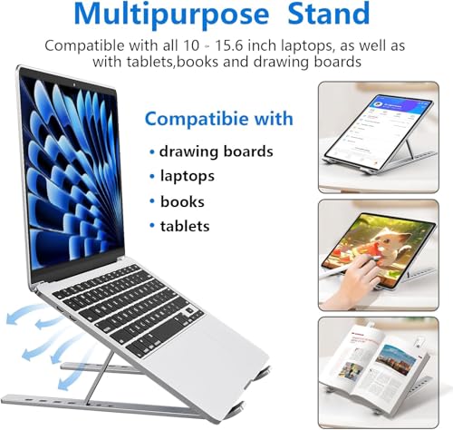 Image of Tukzer Foldable Laptop Stand Riser for Laptop, MacBook, Notebook & Tablets up to 17 Inch, 7 Level Height Angle Adjustment, 2X Stronger M-Shape Aluminum Silicone Pads Air Ventilation (Silver)
