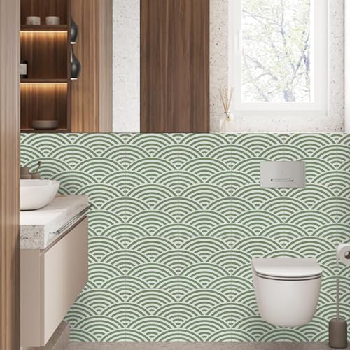 Tile Stickers Green, Wave Vinyl Stick on Tiles Matt 15x15cm 12Pcs, Self Adhesive Wall, Waterproof Peel and Stick for Bathroom, Backsplash for Kitchen