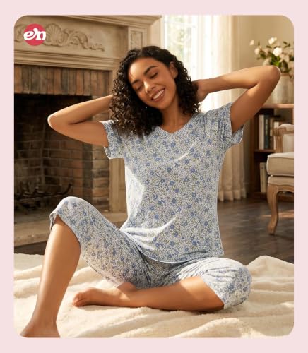 Image of ENJOYNIGHT Womens Pajama Sets Cotton Pj Set Short Sleeve Top With Capri Pants Sleepwear 2 Piece Lounge Set