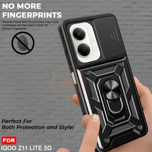 Image of Armor Bumper Back Cover Case for iQOO Z11 Lite 44W 5G Rotating Camera Cover, Ring Holder & Kickstand | Heavy Duty & 360 Degree Protection Back Cover for iQOO Z11 Lite 44W 5G (Black)