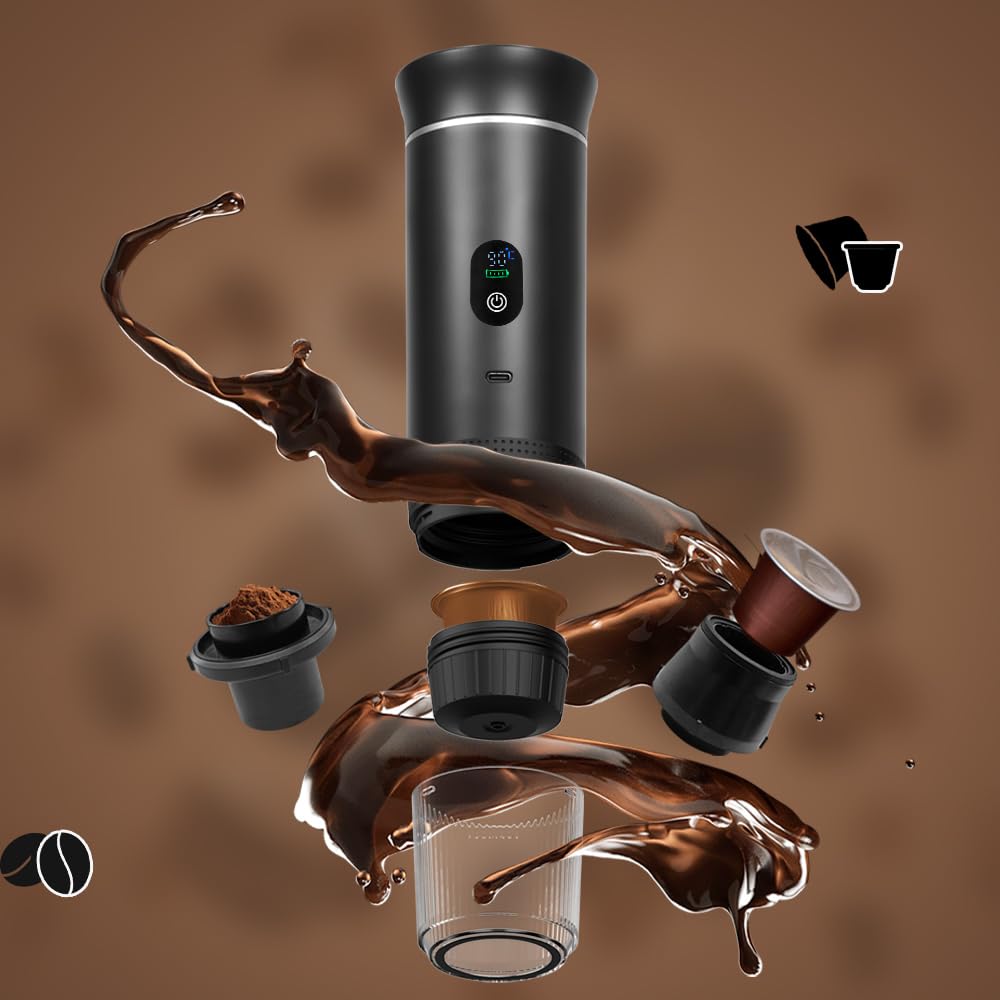 SAUSI Cafetera Portatil 3 en 1 - Batería USB Recargable, Capacidad 80 ml, Compatible con Cápsulas Espresso y Café Molido, Ideal para Coche, Oficina, Viajes y Camping