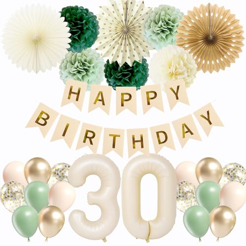Déco anniversaire 30 ans femme vert sauge chic avec ballons et guirlande