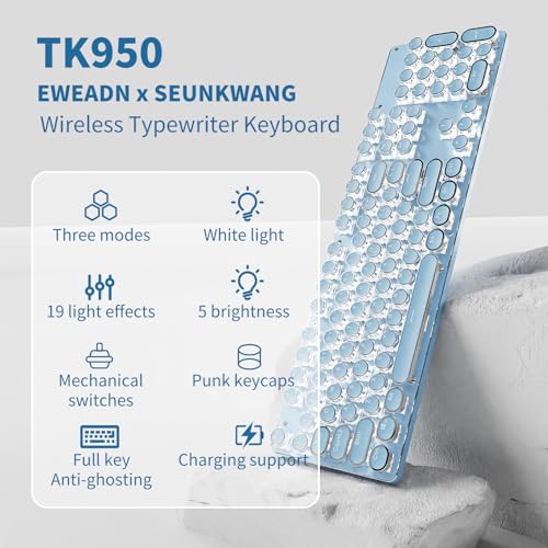 SEUNKWANG EWEADN TK950 Typewriter Keyboard Wireless Mechanical Keyboard, 104 Keys Aesthetic Typewriter Keyboards with White Backlit, Anti-Ghosting, Blue Switch Bluetooth/2.4GHz/Wired Keyboards-Blue by SEUNKWANG - Image 2
