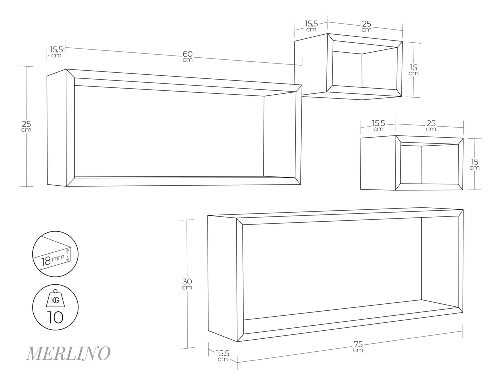 MODULARREDO | MERLINO Set 4 Mensole da Muro, Pensile Bagno, Scaffale Parete, 75x30 e 60x25 p15.5 cm, 2 da 25x15 cm, Blu Baltico - Made in Italy