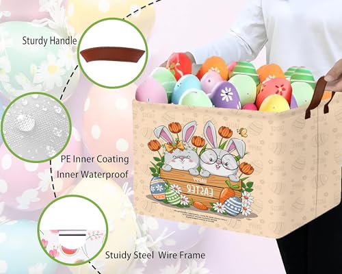 Image of Large Rectangular Easter Baskets Empty Waterproof Boy Toy Box Foldable Kid's Gifts Storage Bin Spring Room Decor(Boy Girl Cute Rabbit)