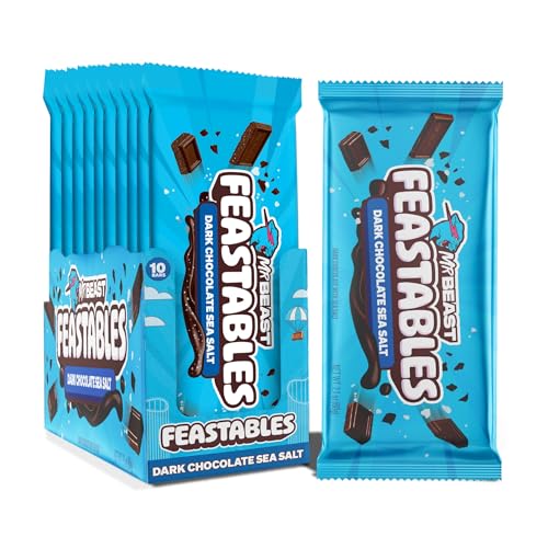 Feastables MrBeast Dark Chocolate with Sea Salt Chocolate Bar, King Size Candy Bar for Adults & Kids, Candy Bars for Snacks, Gifts, & Dessert, Sweet & Creamy Fairtrade Cocoa, 2.1 Oz Each, 10 Count