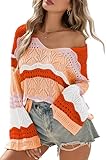 Cakulo Womens Summer Fall Crochet Bell Sleeve Tops Off The Shoulder Knit Sweater Top Fashion Beach Cover Up Striped Orange L