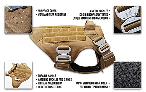 Tactical Dog Harness With 4 Metal Buckles [No-Choke Dog Harness], Bite Proof And Rain Proof Heavy Duty Harness For Large Dogs (Brown, (M)) #TOP3