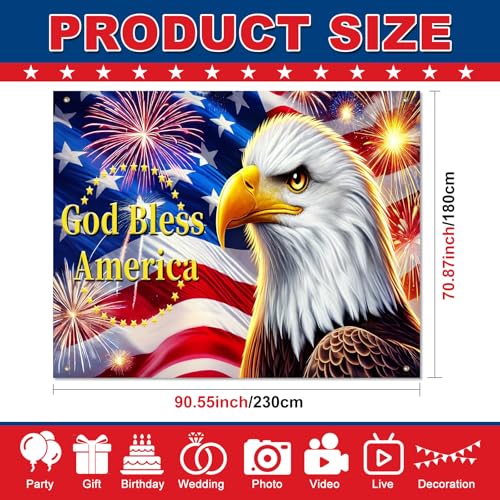 Image of BlissYard 4th of July Backdrop 8x6ft Independence Day Decorations Patriotic Eagle God Bless America Banner American Flag Fireworks Decorations for Memorial Day Independence Day Veterans Day Party Supplies