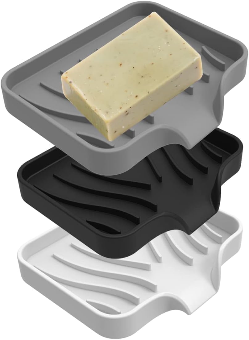 3 Pack Silicone Soap Dishes, Bar Soap Holders, Soap Dishes for Bar Soap, Easy Clean, Self Draining Soap Tray for shower, Bathroom, Kitchen, Bathtub, Keep Soap Dry, Save Soap (Grey, Black, White)