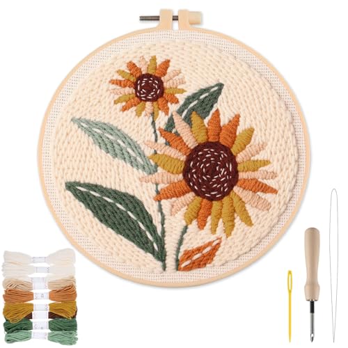 Punch Needle Kit Adults Beginner - Step-by-Step Video & Guide Includes Hoop/Needle/Yarns/Punch Needle Fabric with Pattern Spring Embroidery Craft Gifts for Women Sunflower