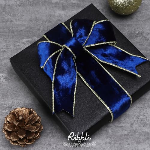Image of Ribbli Royal Blue Velvet Wired Ribbon 1.5 Inch Metallic Blue Gold Crushed Velvet Christmas Ribbon for Gift Wrapping Christmas Tree Decoration Crafts Wreaths Supplies-Continuous 10 Yards