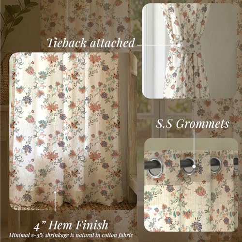 Image of Urban Space 100% Cotton Curtains for Door,60-65% Room Darkening Cotton Decorative Curtains 8 feet Long with Stainless Steel Rings,Set of 2 Curtains with Tieback (Passion Flower Peach, Door 8 Feet)
