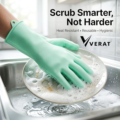 Image of Kitchen Dishwashing Gloves for Washing Dishes - Reusable Rubber /Silicone Cleaning Gloves for Kitchen, Bathroom & Car Cleaning - Waterproof Household Hand Gloves for Women, Home Essentials (Green)