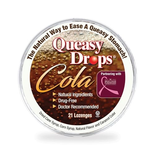Three Lollies Queasy Drops - Cola Flavor - Relief from Nausea & Travel Sickness Soothes a Dry Mouth & Settles Stomach - Natural Ingredients - 21 ct